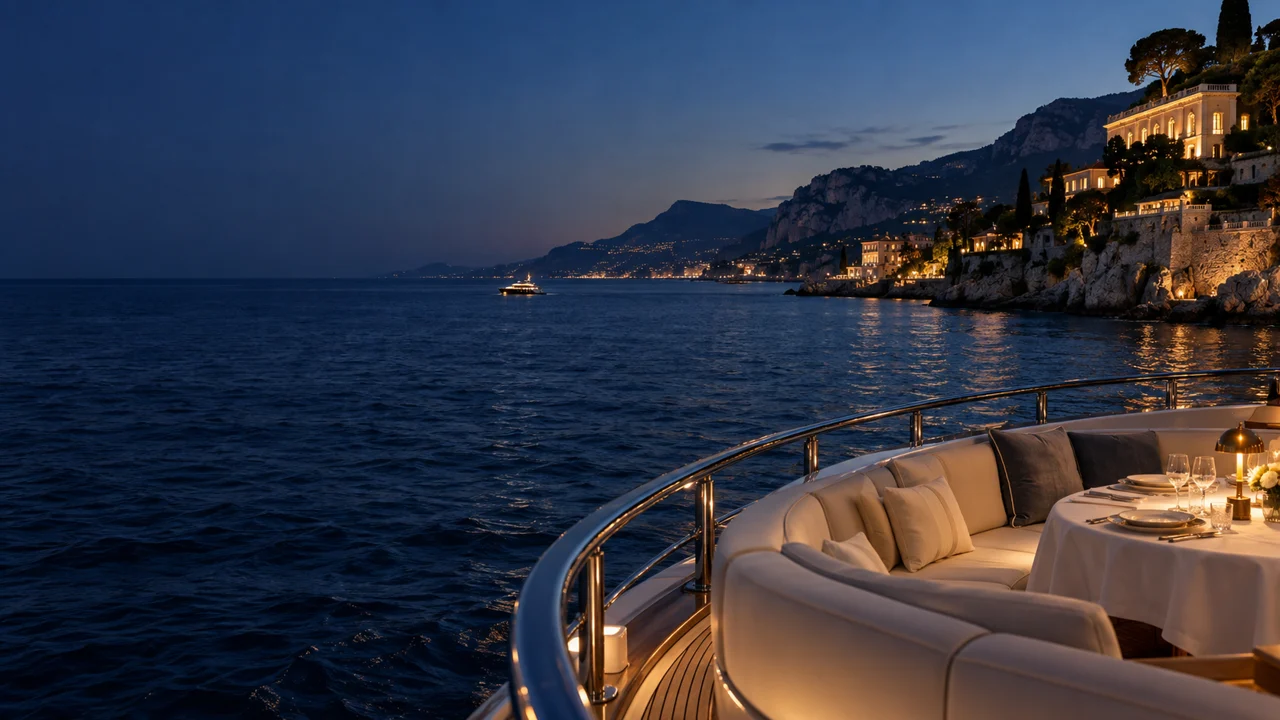 Mediterranean bay at dusk seen from a yacht deck